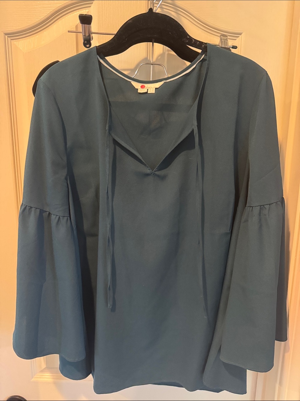 Womens Green Bell Sleeve Tie-Neck Blouse